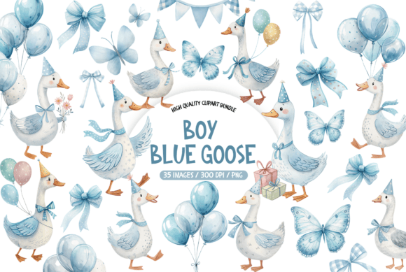 Boy Blue Goose Clipart Bundle: Whimsical Watercolor Illustrations