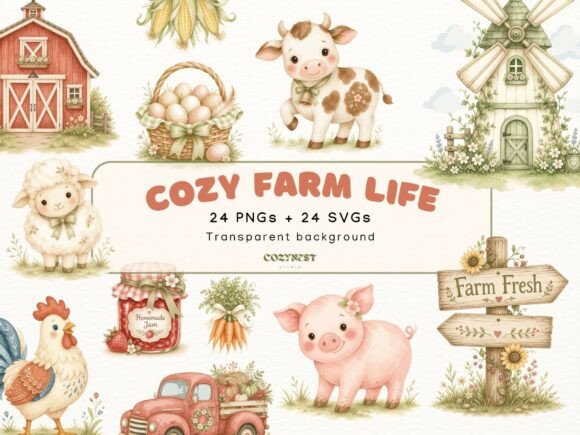 Charming Farm Watercolor Cliparts: Adorable Animals for Your Projects