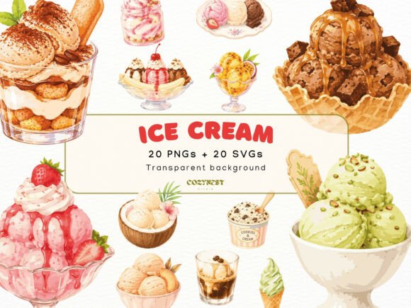 Ice Cream Watercolor Cliparts, PNG SVG for Sweet Designs