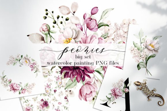 Peonies Watercolor Set: Elegant Floral Design Assets
