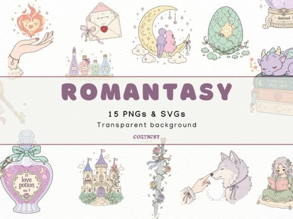 Romantasy Cliparts: Cute Fantasy PNGs for Enchanted Designs