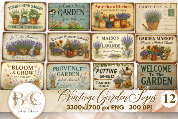 Vintage Garden Signs Clipart Bundle: Rustic French Charm for Modern Projects