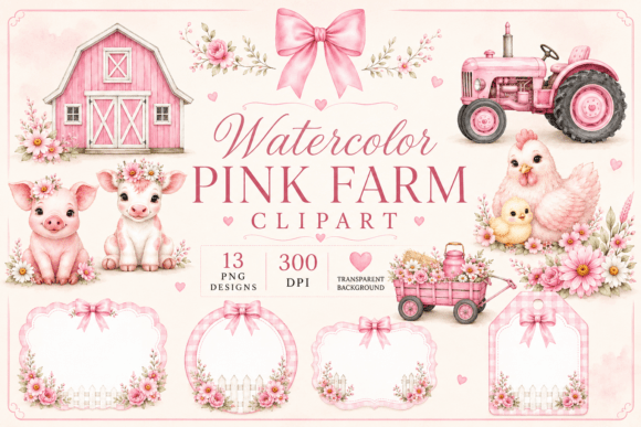 Watercolor Pink Farm Baby Clipart: Sweet Farmhouse Design Elements